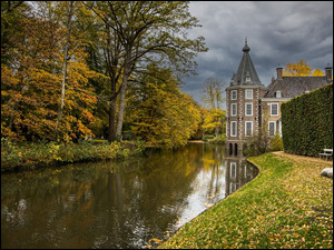 Drzewa, Kanał, Holandia, Jesień, Overĳssel, Zamek Nijenhuis, Liście