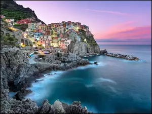 Włochy, Cinque Terre, Liguria, Morze Liguryjskie, Gmina Riomaggiore, Manarola, Skały, Wybrzeże, Domy