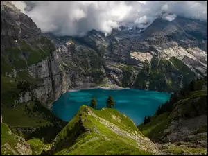 Góry, Alpy, Chmury, Szwajcaria, Drzewa, Oeschinen Lake, Jezioro