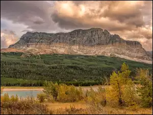 Góry, Drzewa, Stany Zjednoczone, Jesień, Stan Montana, Park Narodowy Glacier, Jezioro Sherburne