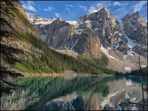 Drzewa, Alberta, Las, Góry, Canadian Rockies, Park Narodowy Banff, Jezioro, Kanada, Moraine Lake