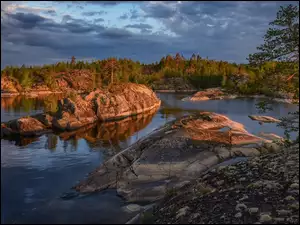 Karelia, Jezioro, Skały, Rosja, Chmury, Drzewa, Ładoga