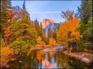 Merced River, Stany Zjednoczone, Jesień, Drzewa, Kalifornia, Rzeka, Góra Half Dome, Park Narodowy Yosemite
