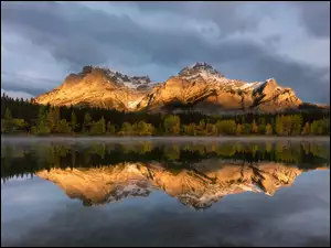 Odbicie, Góry, Las, Alberta, Jezioro, Drzewa, Kanada, Wedge Pond