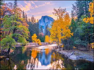 Stany Zjednoczone, Góra, Kalifornia, Drzewa, Jesień, Half Dome, Rzeka, Park Narodowy Yosemite, Merced River