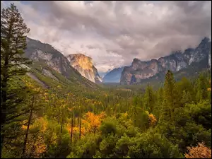 Góry, Drzewa, Park Narodowy Yosemite, Stany Zjednoczone, Chmury, Kalifornia
