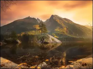 Skały, Drzewa, Niemcy, Jezioro Hintersee, Bawaria, Zachód słońca, Góry Alpy