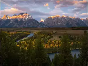 Stany Zjednoczone, Chmury, Park Narodowy Grand Teton, Jesień, Teton Range, Góry, Snake River, Rzeka, Drzewa, Wyoming