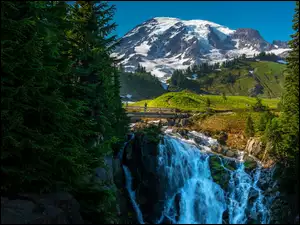 Góra Rainier, Wodospad, Park Narodowy Mount Rainier, Myrtle Falls, Drzewa, Waszyngton, Most, Las, Kaskada, Góry Kaskadowe, Stany Zjednoczone