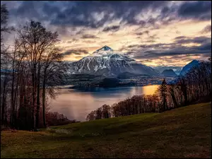 Szwajcaria, Drzewa, Chmury, Thunersee, Alpy Berneńskie, Góry, Niesen, Góra, Jezioro, Oberhofen