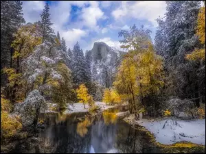 Stany Zjednoczone, Chmury, Zima, Drzewa, Góra, Park Narodowy Yosemite, Rzeka, Half Dome, Merced River, Kalifornia