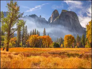 Jesień, Park Narodowy Yosemite, Drzewa, Kalifornia, Góry, Mgła, Stany Zjednoczone, Skały