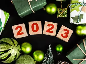 2023, Klocki, Tło, Nowy Rok, Czarne, Bombki, Prezenty