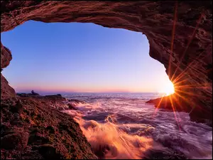 Jaskinia, Morze, Stany Zjednoczone, Skały, Kalifornia, Laguna Beach, Promienie słońca