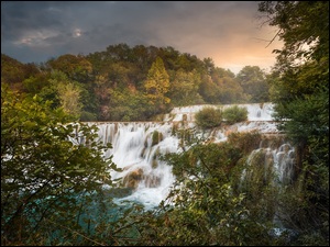 Wodospad, Chorwacja, Krzewy, Drzewa, Park Narodowy Krka