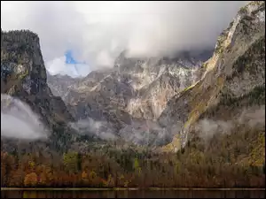 Alpy, Góry, Drzewa, Niemcy, Mgła, Jezioro Konigssee