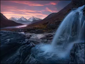 Rzeka, Norwegia, Góry, Kamienie, Okręg More og Romsdal, Wodospad, Zachód słońca, Dolina Romsdalen