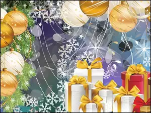 Grafika z bombkiami i prezentami bożonarodzeniowymi