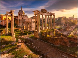 Rzym, Włochy, Świątynia Saturna, Zabytek, Forum Romanum, Ruiny
