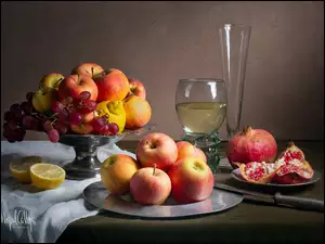 Cytryny, Owoce, Jabłka, Granaty, Patera, Winogrona, Kompozycja, Talerze