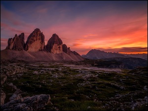 Góry, Zachód słońca, Tre Cime di Lavaredo, Włochy, Skały