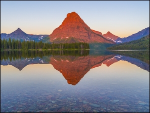 Stany Zjednoczone, Kamienie, Odbicie, Drzewa, Two Medicine Lake, Jezioro, Góry, Park Narodowy Glacier, Sinopah Mountain, Stan Montana