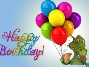 Smok z kolorowymi balonikami i życzeniami urodzinowymi