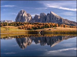 Jezioro, Włochy, Dolomity, Odbicie, Południowy Tyrol, Seiser Alm, Jesień, Góry