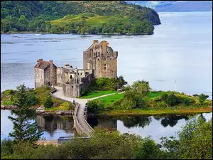Jezioro, Szkocja, Ruiny, Loch Duich, Zamek, Wyspa, Drzewa, Eilean Donan