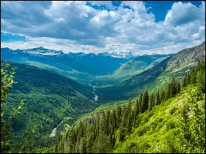 Park Narodowy Glacier, Góry Skaliste, Dolina, Montana, Las, Chmury, Stany Zjednoczone, Drzewa