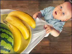 Owoce, Banany, ChĹopczyk, Dziecko, Arbuz