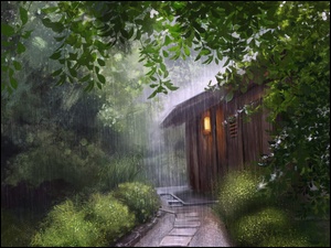 Graficzna leśna chata z światłem w deszczu