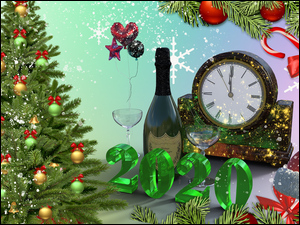 Zegar szampan i kieliszki obok daty 2020 i choinki