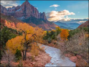 Jesień, Stan Utah, Drzewa, Virgin River, Kamienie, Park Narodowy Zion, Góry Watchman, Stany Zjednoczone, Rzeka