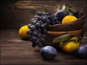 Winogrona, Śliwki, Owoce, Miseczki, Cytryny