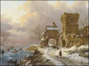 Zimowy krajobraz z podróżnikami w pobliżu bramy miejskiej