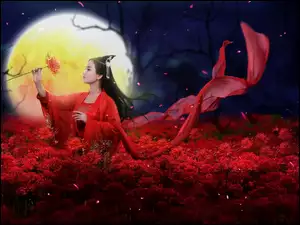 Dziewczyna i kwiaty w blasku księżyca