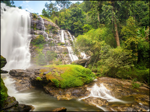 Park Narodowy 
Doi Inthanon, Las, Sirithan Waterfall, Chiang Mai, Drzewa, SkaĹy, Tajlandia, Wodospad