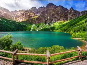 Dolina Rybiego Potoku, Góry Tatry, Ogrodzenie, Polska, Drzewa, Jezioro Morskie oko, Mięguszowickie Szczyty