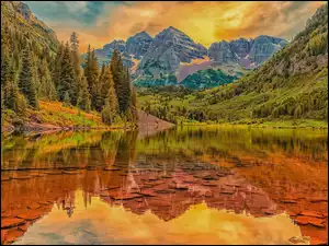 Kolorado, Jezioro Maroon Lake, Lasy, Stany Zjednoczone, Drzewa, Szczyty Maroon Bells, Góry Skaliste