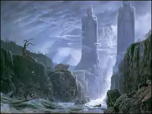 The Lord of The Rings, woda, posągi, skały łódka