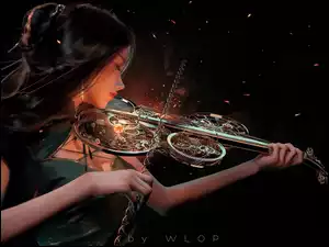 Kobieta grająca na skrzypcach na ciemnym tle w grafice