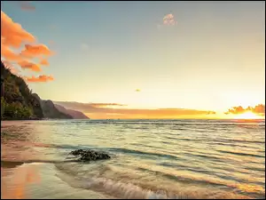 Plaża, Morze, Promienie, Hawaje, Kauai, Słońca