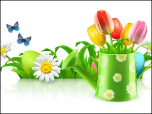 Wiosenno - wielkanocna grafika z tulipanami w konewce i kwiatami