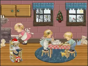 Boże Narodzenie, dzieci, misio, kuchnia