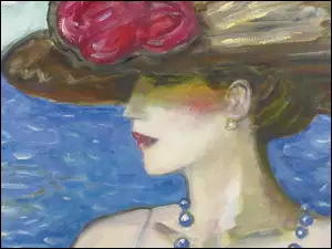 Kobieta z kapelusz i koralikach