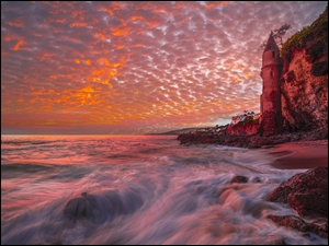 Stany Zjednoczone, Victoria Beach, Kalifornia, SkaĹy, ZachĂłd sĹoĹca, WieĹźa, Pirate Tower, Morze, Klif