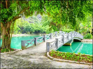 Mostek nad rzeką Ninh Binh Province w parku w Wietnamie