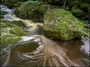 Rzeka płynąca po omszałych skałach i kamieniach