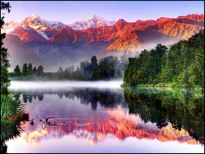Las, GĂłry, MgĹa, Nowa Zelandia, Jezioro, Odbicie